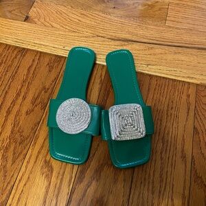 Green Slide Sandals with Rhinestone Accents